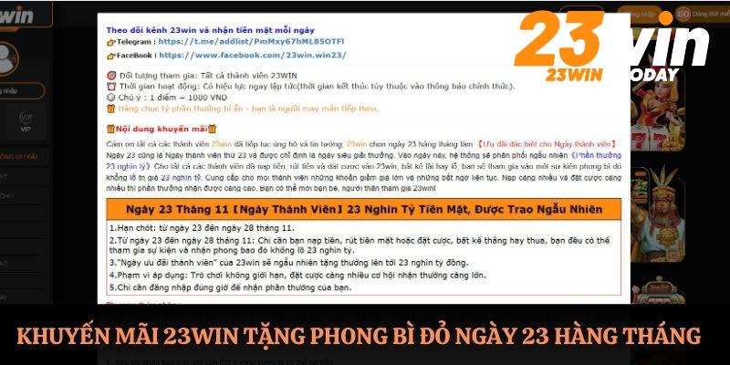 Khuyến mãi 23WIN tặng phong bì đỏ ngày 23 hàng tháng