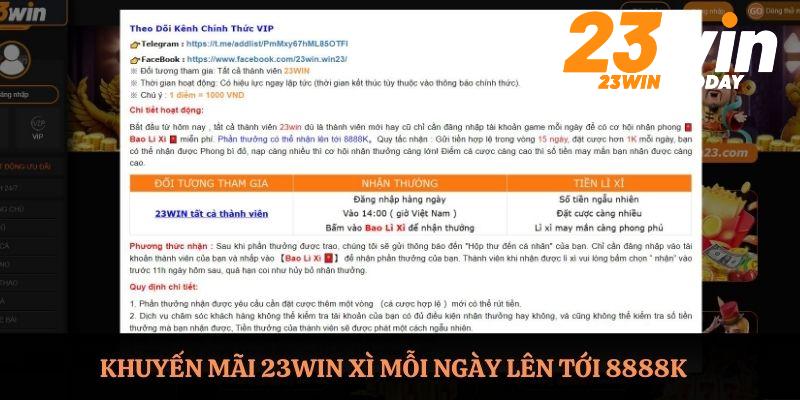 Khuyến mãi 23WIN xì mỗi ngày lên tới 8888K